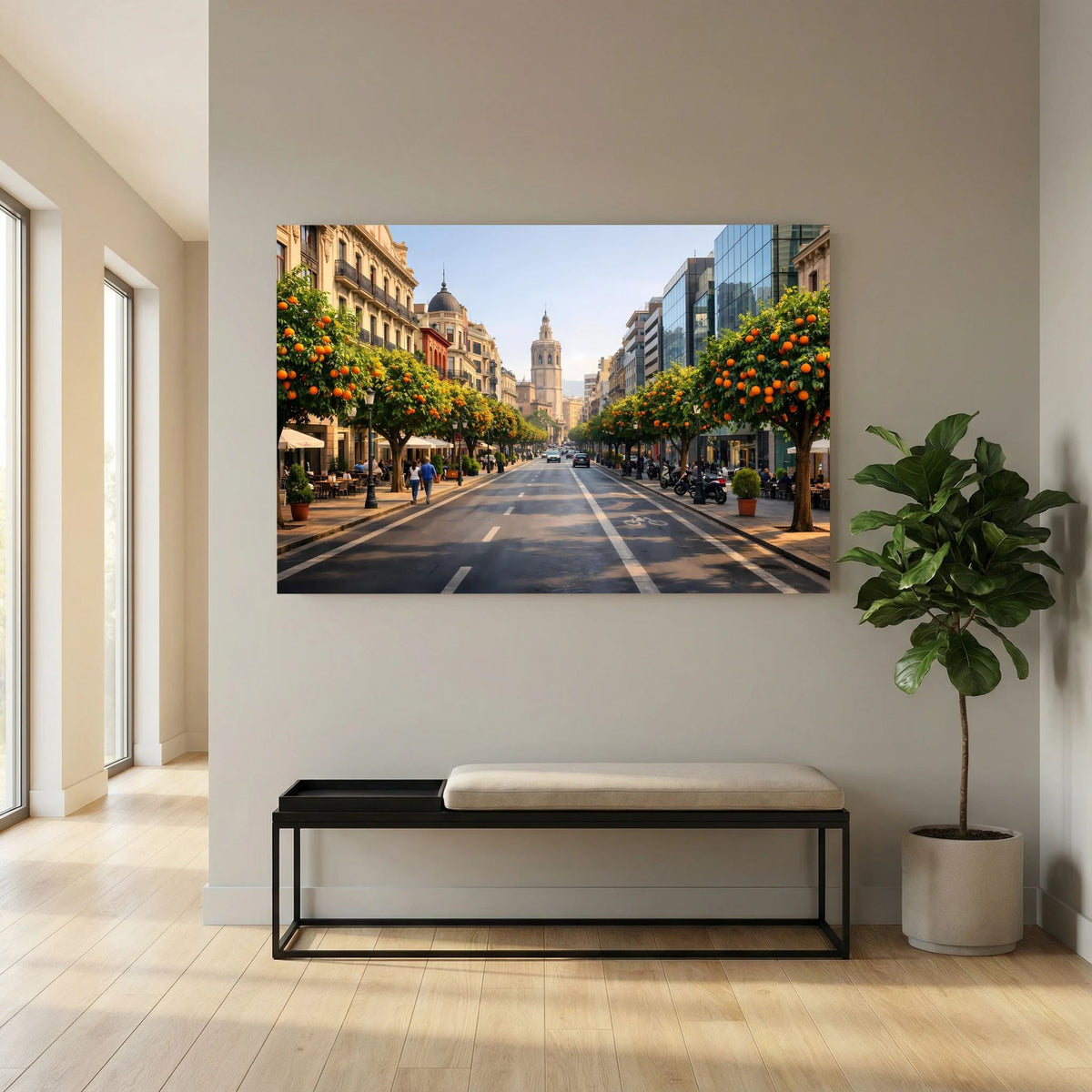 Wandbild Querformat an der Wand: Stadtstraße mit Orangenbäumen und historischen Gebäuden