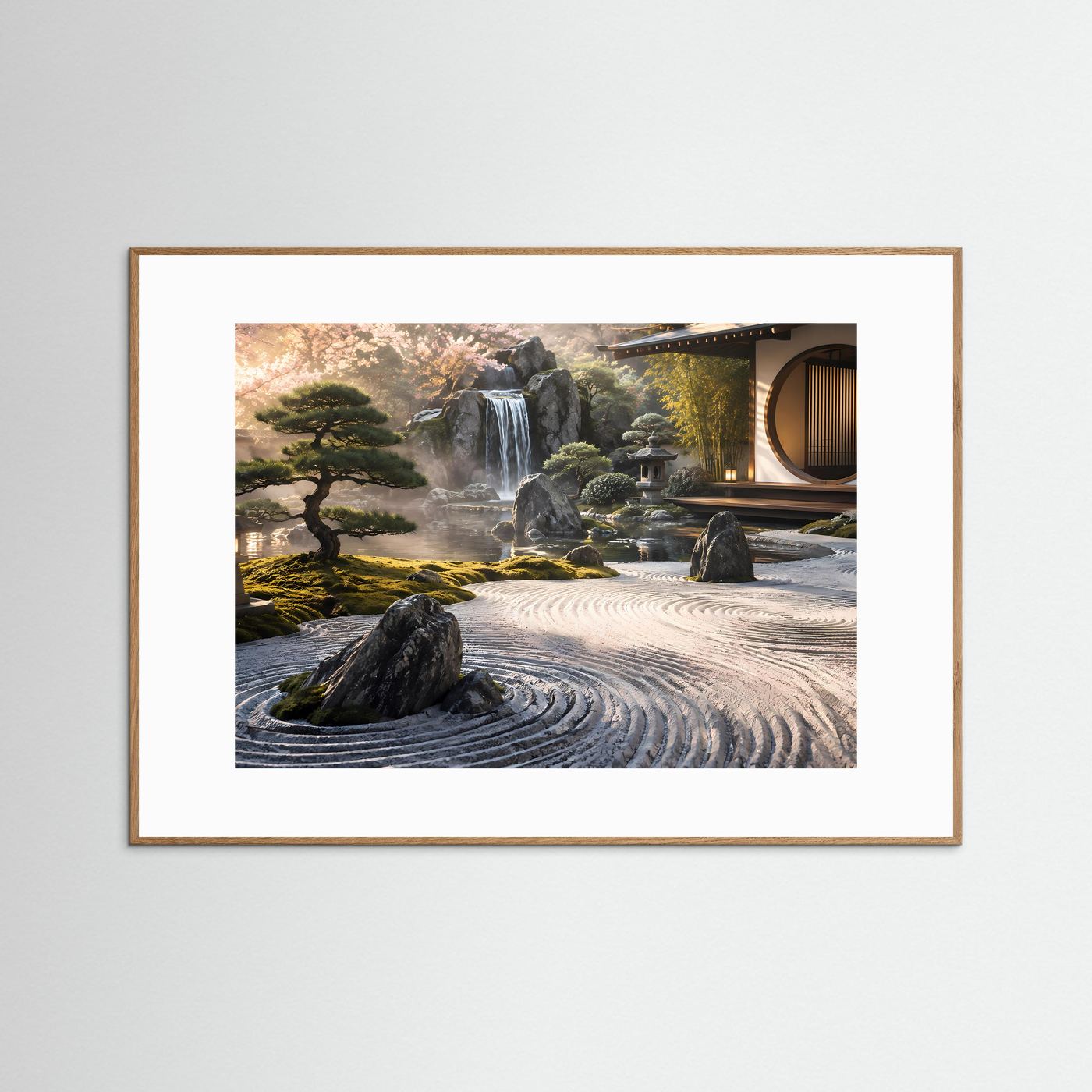 Japanischer Zen Garten Poster | Asiatischer Garten mit Wasserfall | Japan Landschaft Wandbild | Meditationskunst | Moderne Premium Leinwand