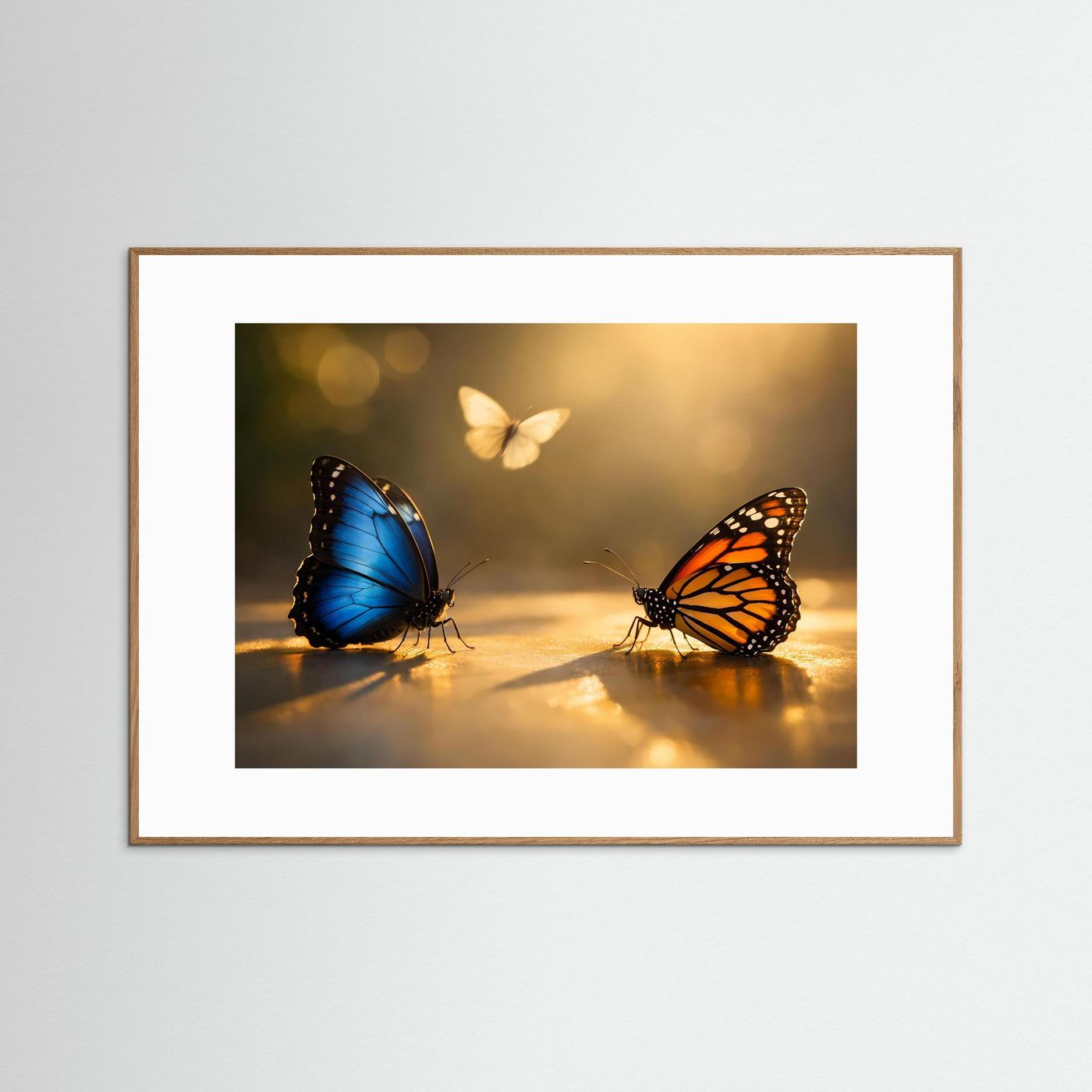 Poster im Querformat mit zwei Schmetterlingen, blau und orange, sowie hellem Schmetterling