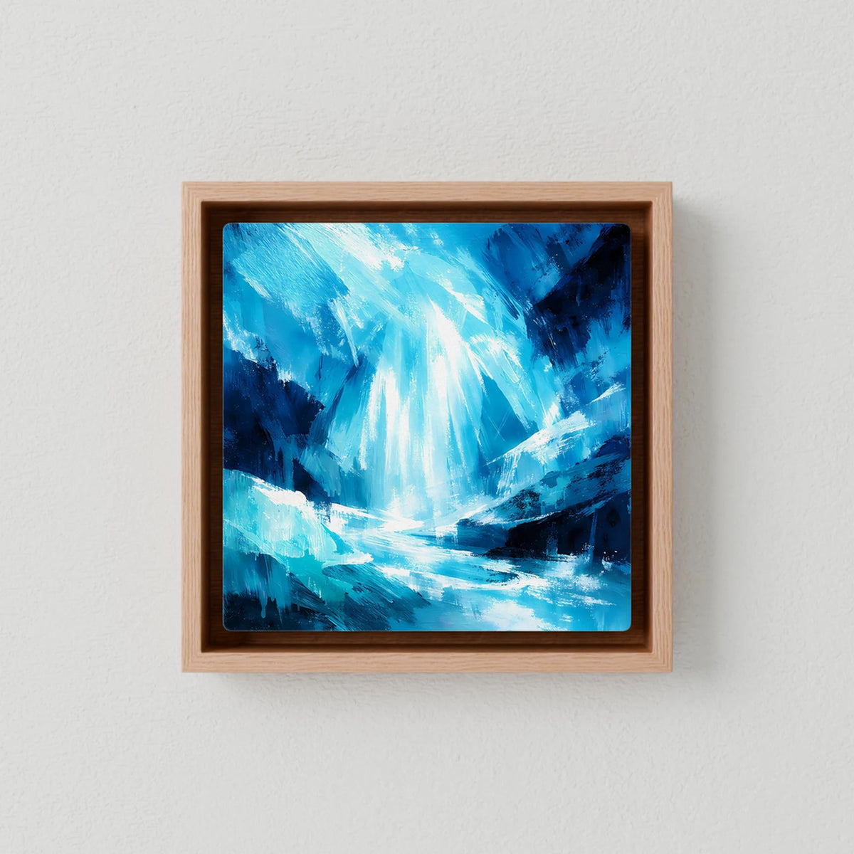 Abstraktes Leinwand-Wandbild mit Eisblau-Motiv im beigen Holzrahmen