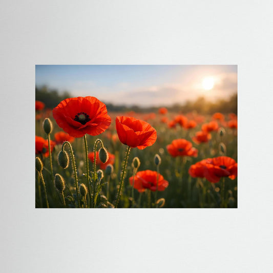 Mohnblumen-Poster mit roten Blüten bei Sonnenuntergang, Panoramaansicht