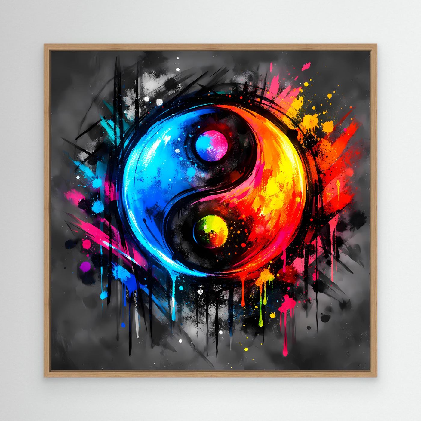 Leinwandbild mit abstraktem Yin-Yang-Motiv, bunt gespritzt, naturfarbener Holzrahmen
