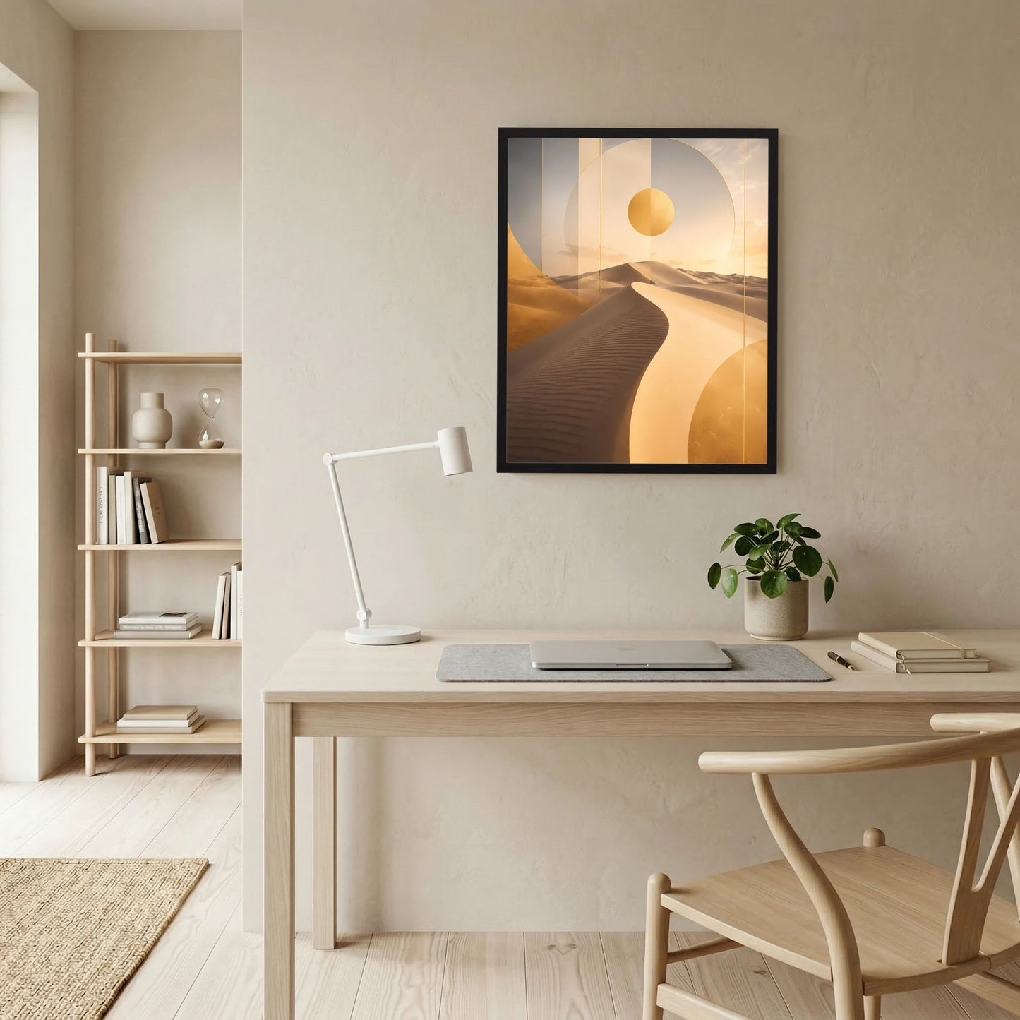 Gerahmtes Hochformat-Poster: abstrakte Wüstenlandschaft mit Sonne und Dünen