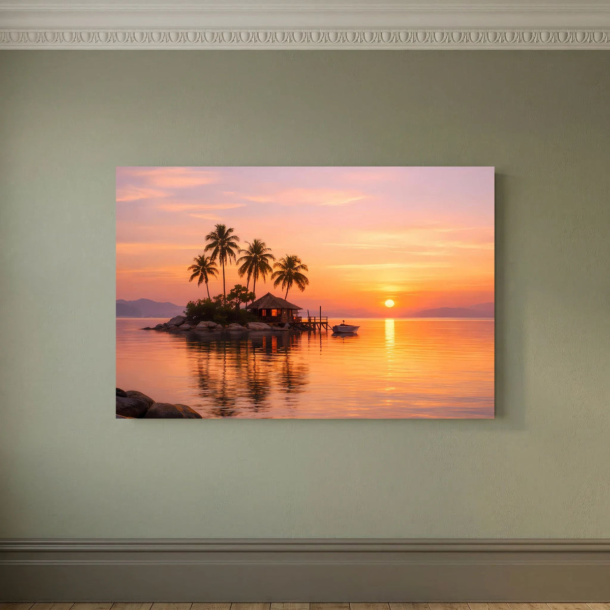 Wandposter mit tropischer Insel im Sonnenuntergang, Palmen und Steg am Wasser