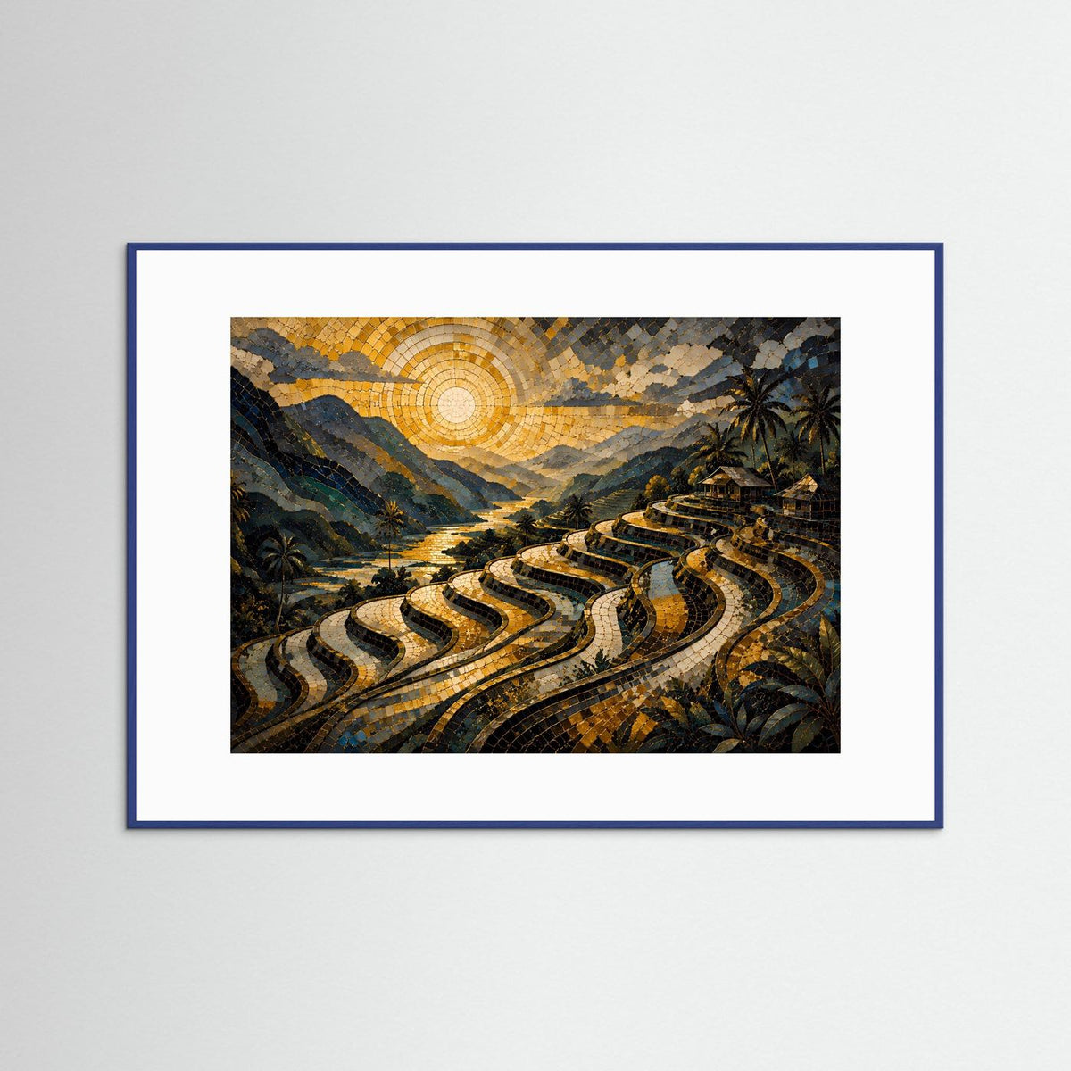 Gerahmter Kunstdruck: Mosaik-Landschaft mit Reis-Terrassen und goldener Sonne, quer