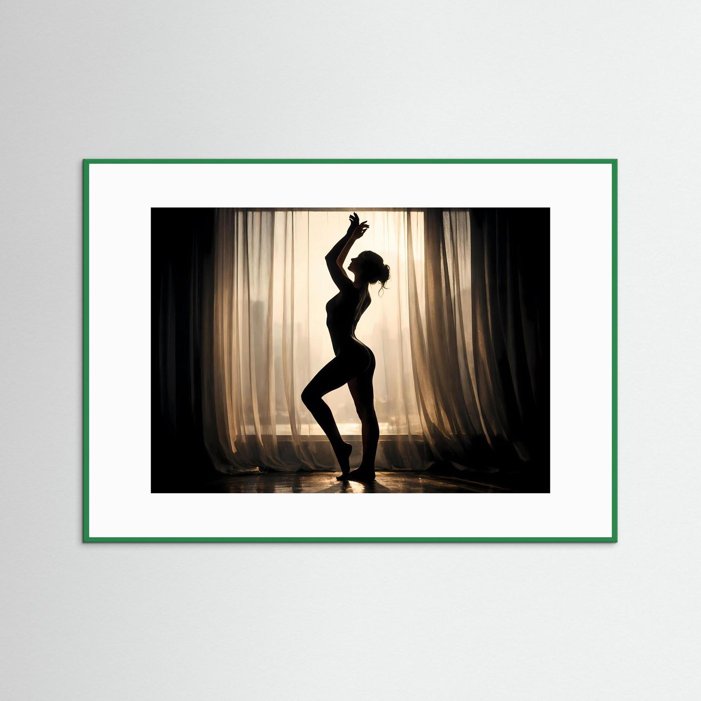 Wandbild, Silhouetten-Figur im Gegenlicht, weißer Rahmen