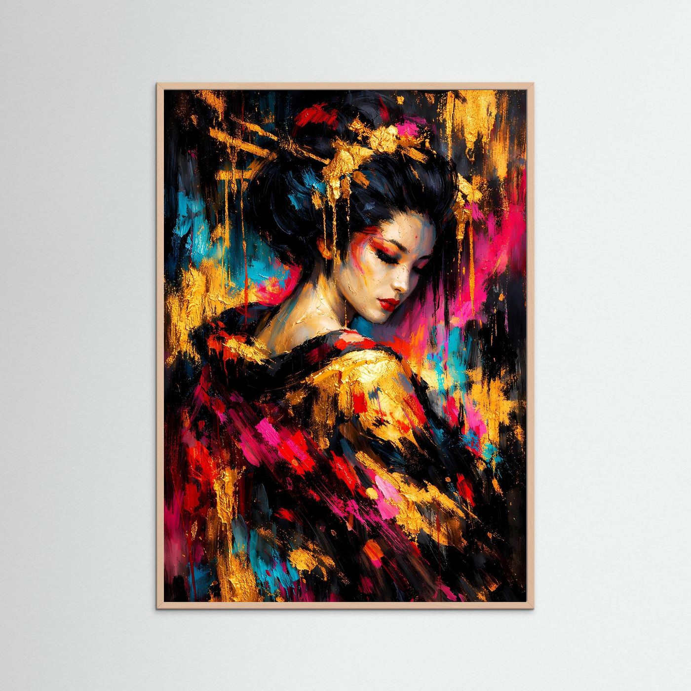 Gerahmtes Kunstposter mit Geisha-Porträt, abstrakte Spritzer in Gold, Pink, Blau, Schwarz