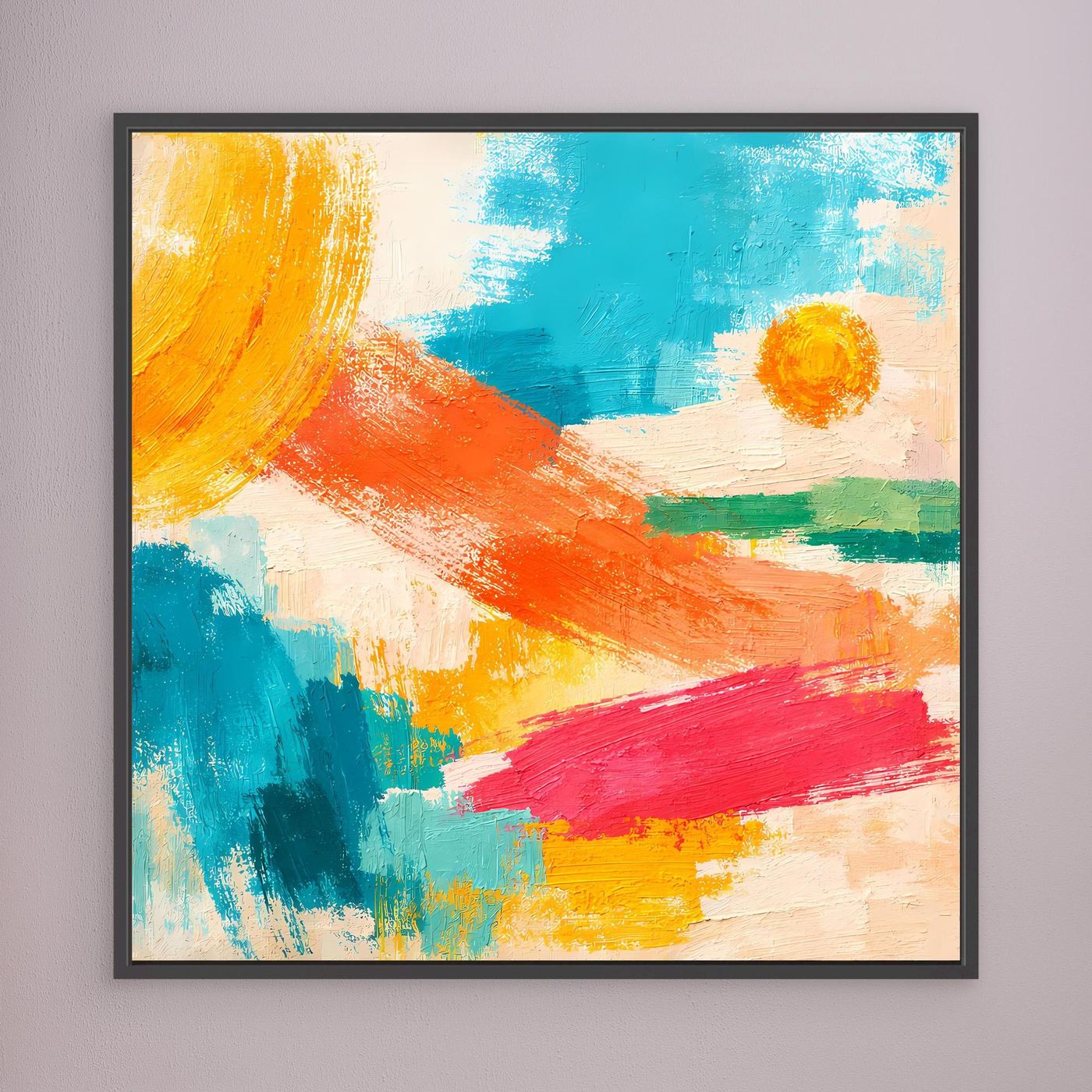 Abstract canvas wall art with blue, orange, red and yellow brushstrokes; black frame