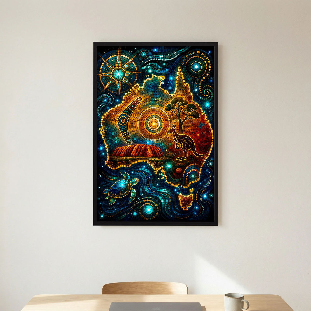 Gerahmtes Hochformat-Poster mit Mosaikmotiv: Känguru, Uluru und Meeresschildkröte, schwarzer Rahmen.