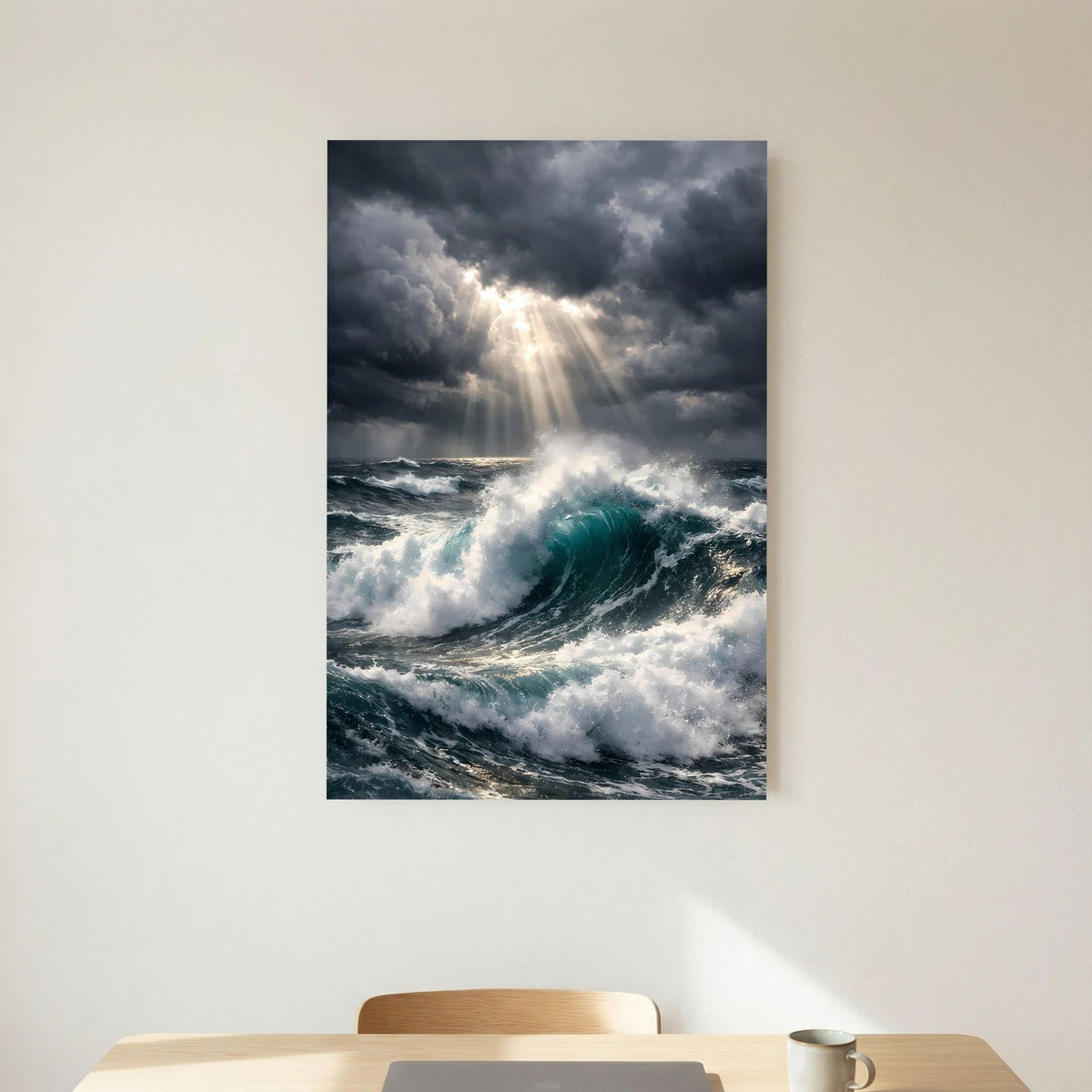 Wandbild mit tobender See, türkiser Welle und Lichtkegel zwischen dichten Gewitterwolken