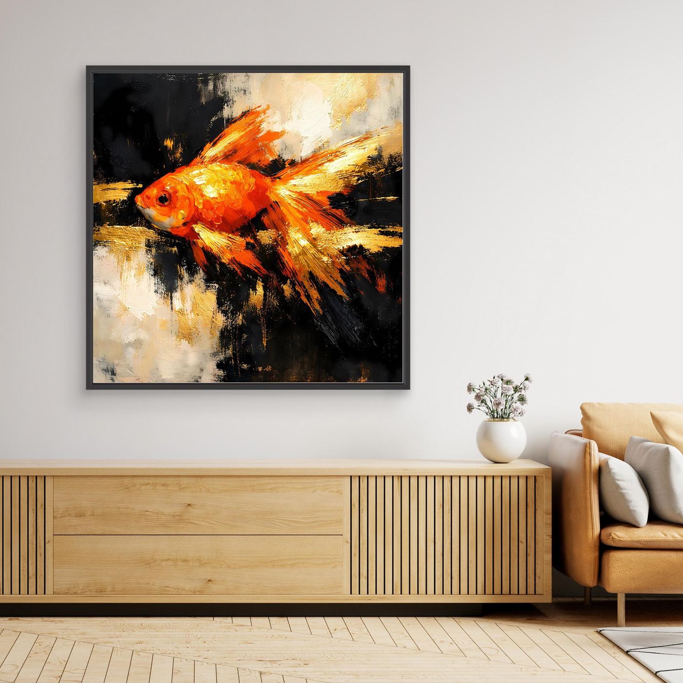 Leinwand Dynamischer Goldfisch in Orange und Gold | Abstraktes Tier Wandbild