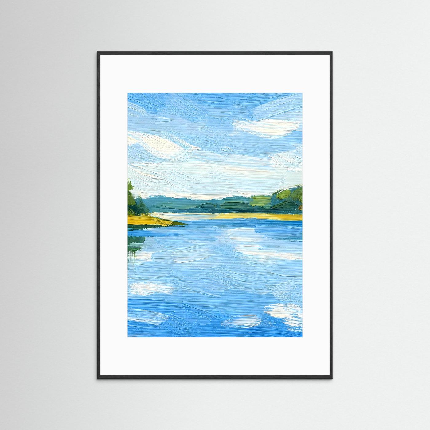 Poster mit blauer Flusslandschaft im Sommer, schwarzer Rahmen mit weißem Rand