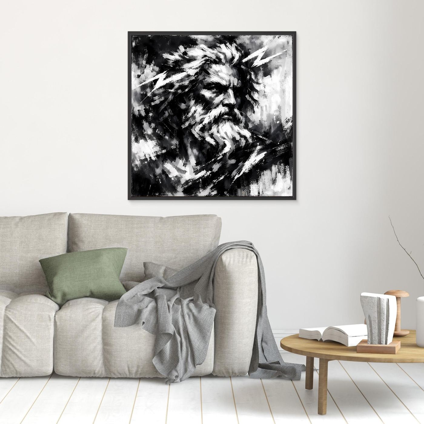 Small square black-and-white abstract bearded portrait wall art with lightning-like highlights, black frame