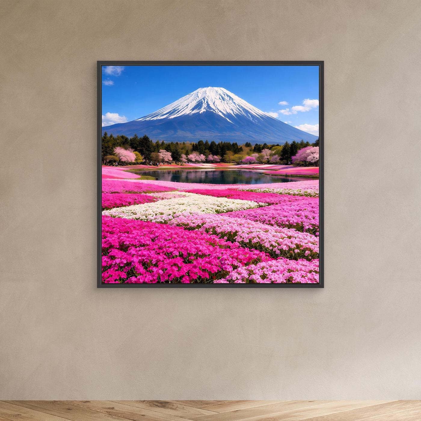 Leinwandbild mit Fuji, See und Kirschblüten, schwarzer Rahmen