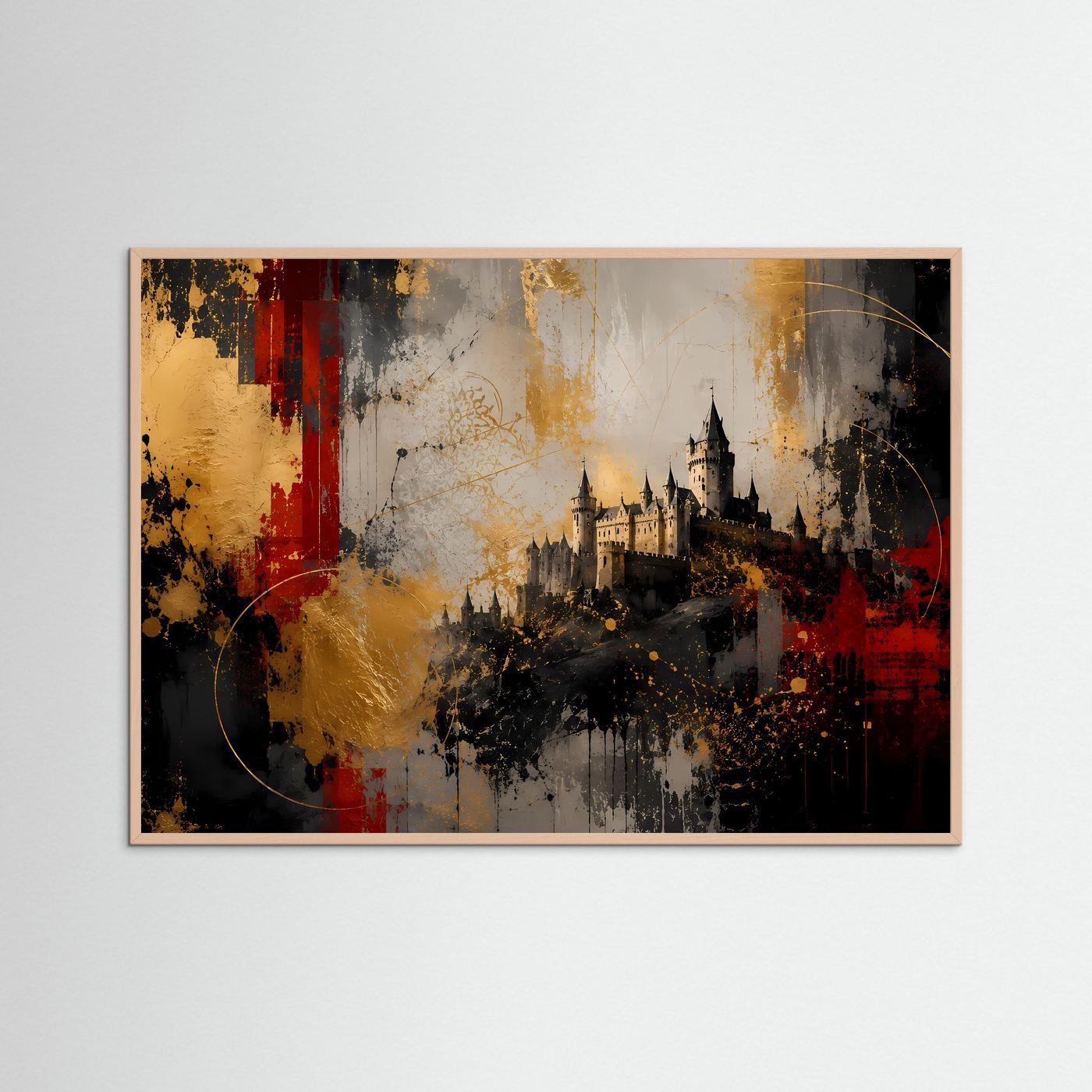 Gerahmtes Architekturposter mit Schlosslandschaft, brauner Rahmen, rot-gold-schwarz