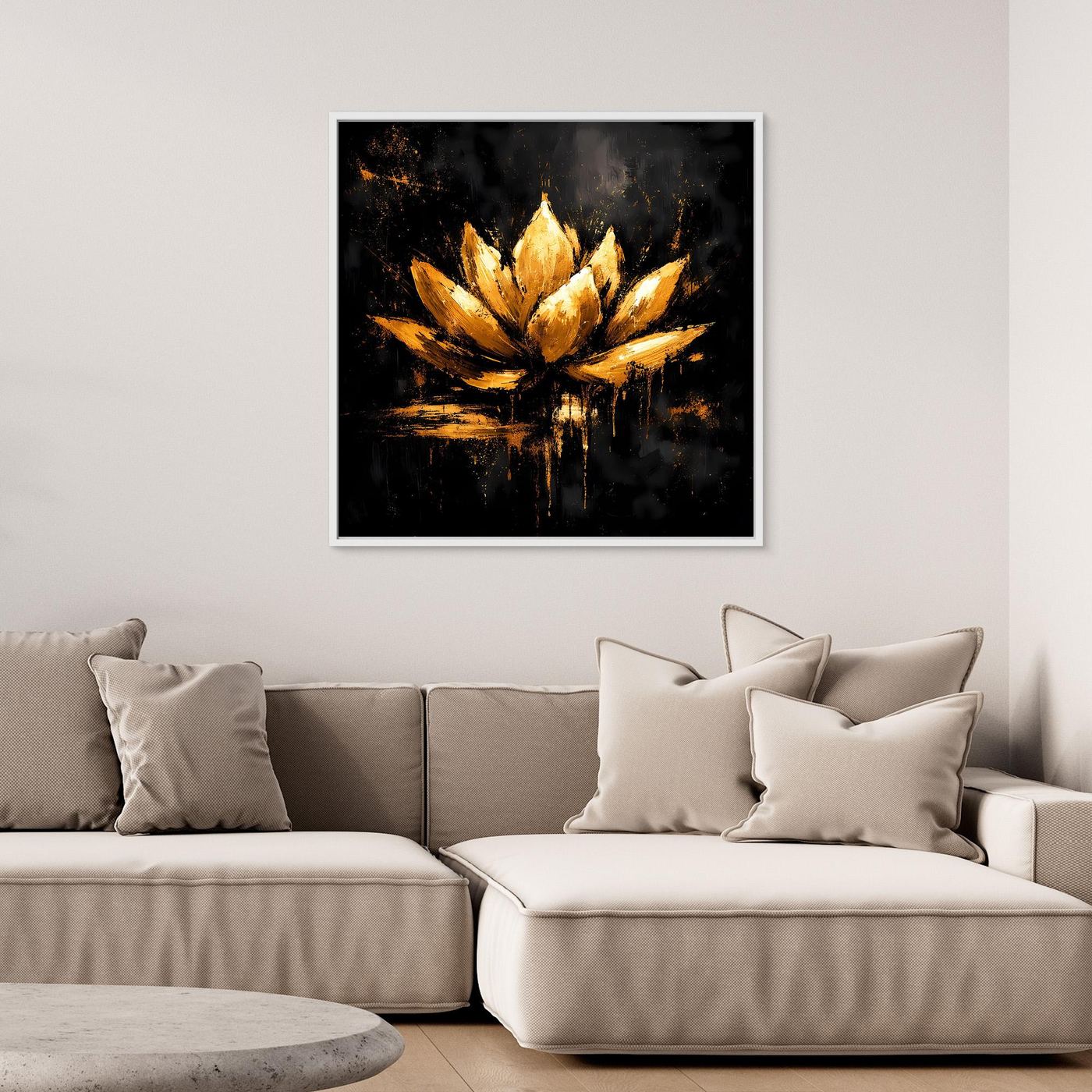 Leinwand Goldene Lotusblüte auf Schwarz | Abstraktes Meditations Wandbild