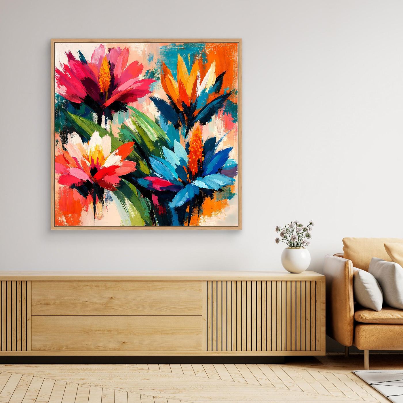 Tropical flower canvas wall art with bright abstract blooms, wood frame