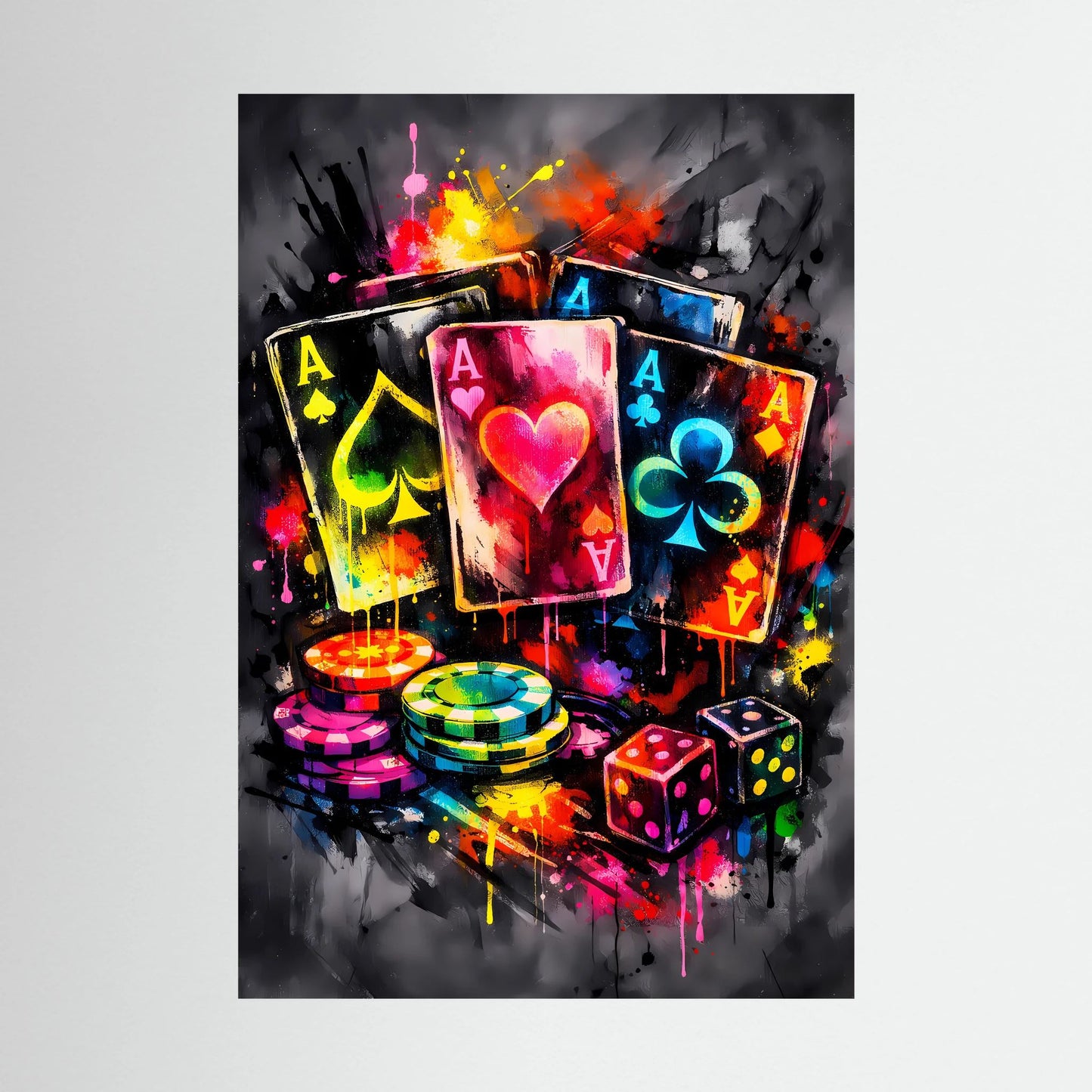 Nahansicht-Kunstposter mit Neon-Pokerkarten, Pokerchips und Würfeln in abstrakten Farbtupfern