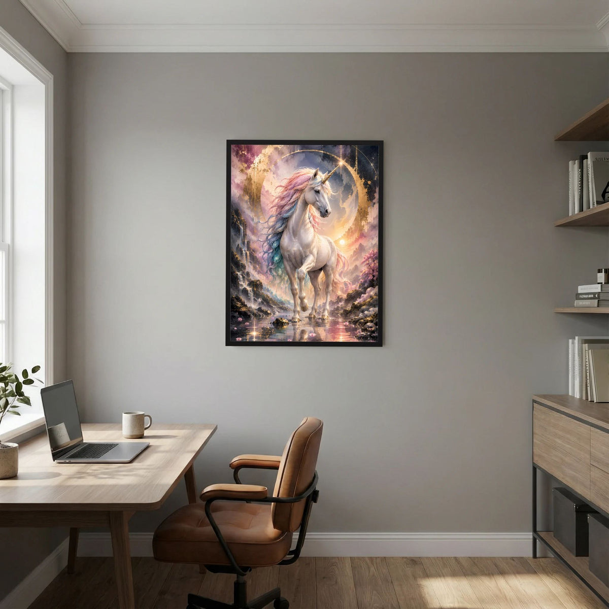 Gerahmtes Poster mit Einhornmotiv, pastellfarbene Mähne und goldener Lichtring