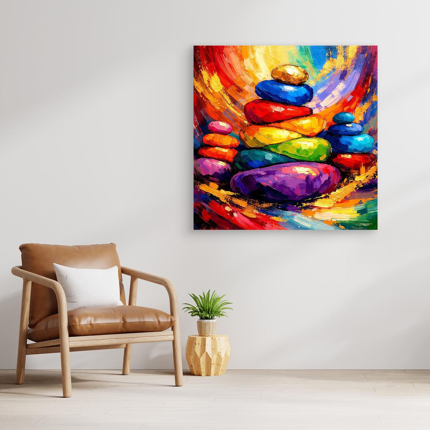 Leinwandbild abstrakte Zen-Steine mit hellem Rand, bunte Farben