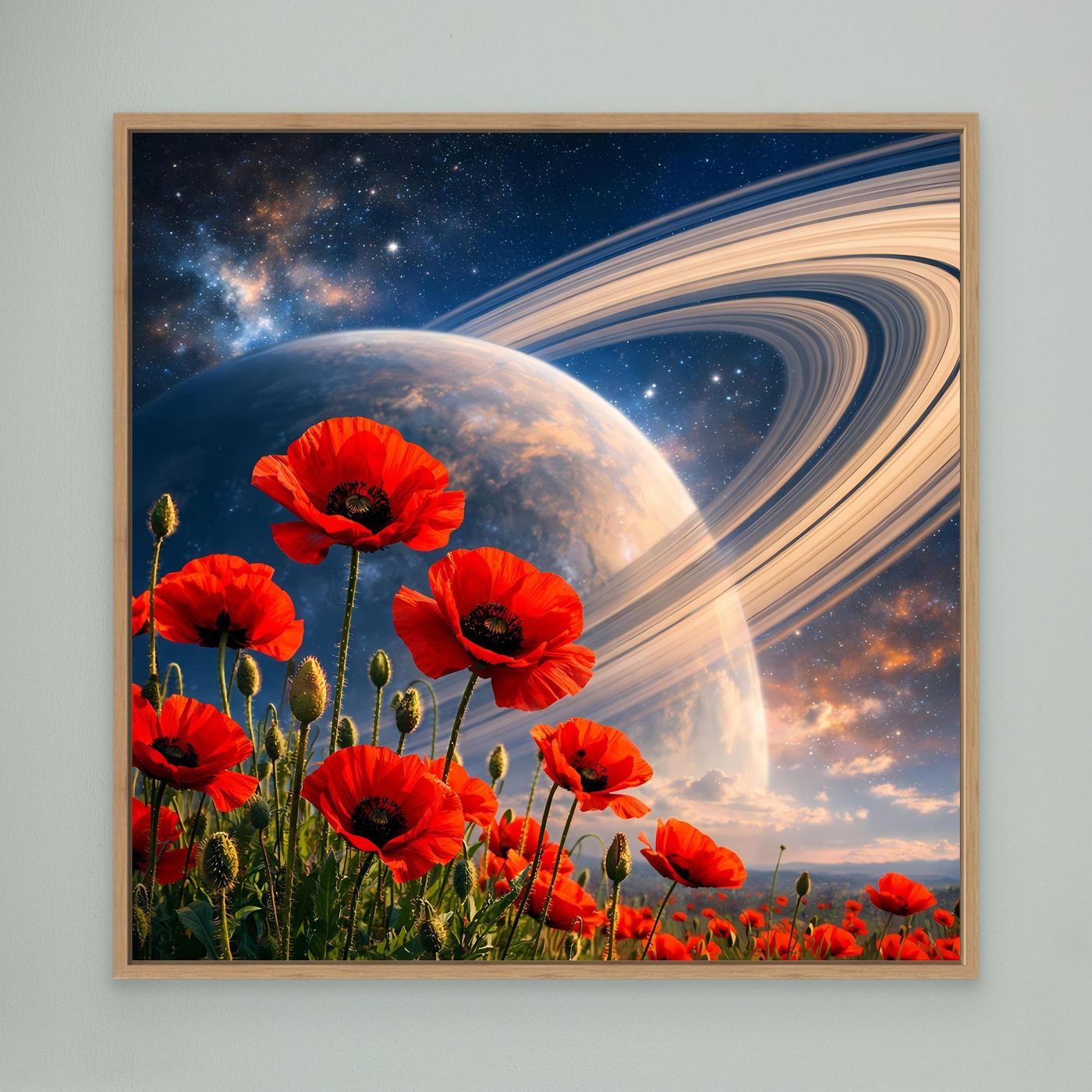 Leinwandbild mit roten Mohnblumen und Weltall-Motiv im Eichenholzrahmen