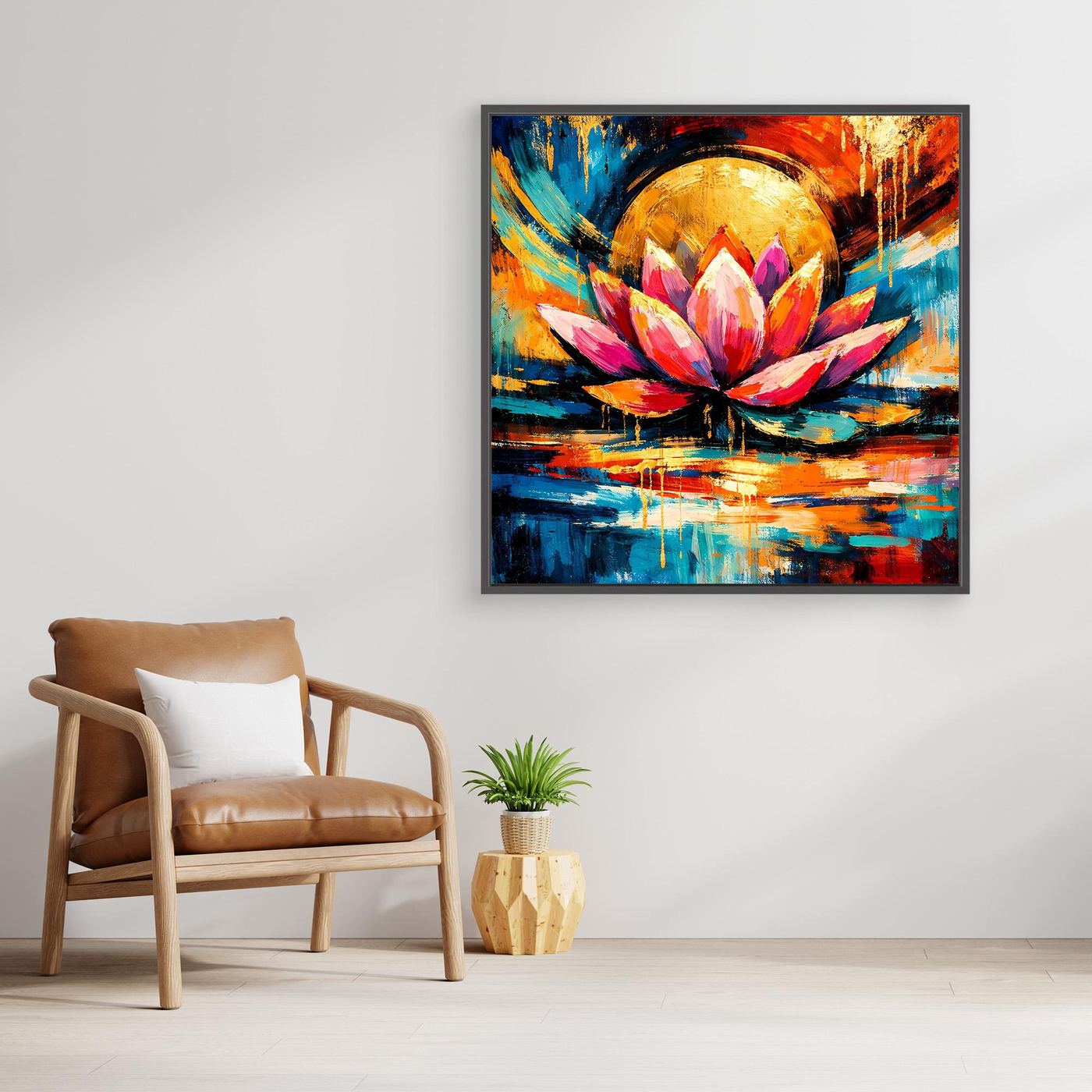 Gerahmtes Pop-Art Leinwandbild mit Lotusblüte, goldenem Halbkreis, blau-gelb-roten Farbspuren