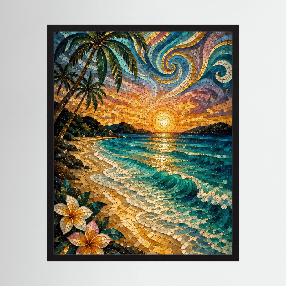 Gerahmtes Hochformat-Poster: Mosaikstrand mit Palmen, Meer und Sonnenuntergang, schwarz