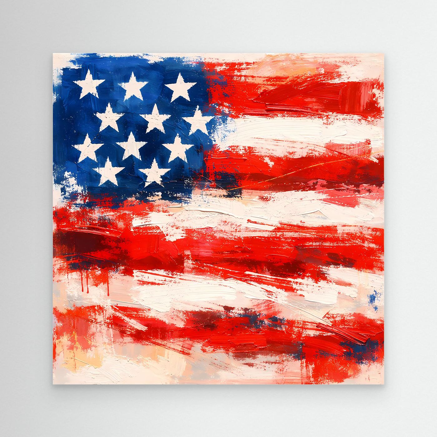 Abstract USA flag canvas wall art, blue stars and red/white brush stripes, no frame