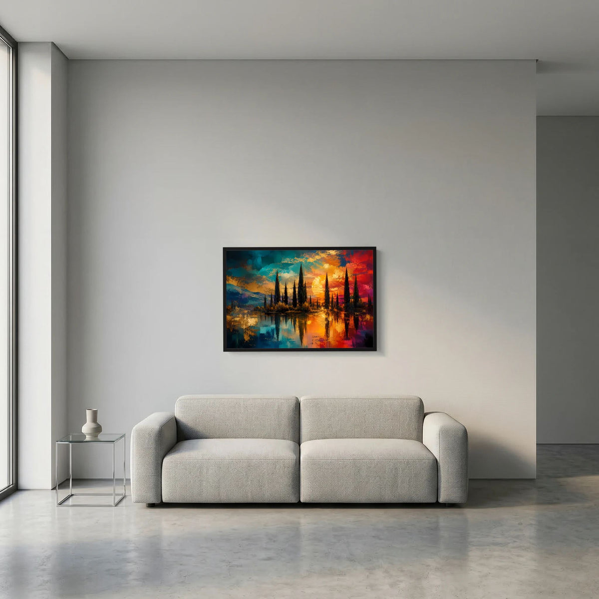 Wandbild im Querformat mit abstrakter Zypressenlandschaft, farbiger Sonnenuntergang im schwarzen Rahmen