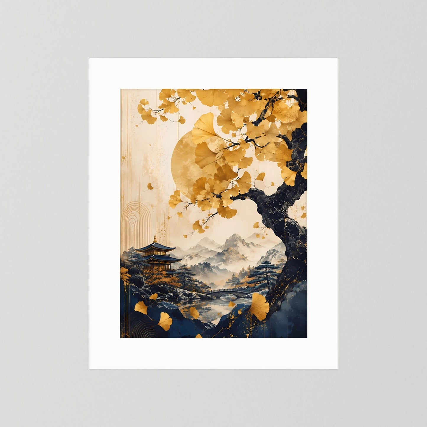 Poster im Hochformat mit goldenen Ginkgoblättern, Pagode, Mond und Berglandschaft, weißer Rand