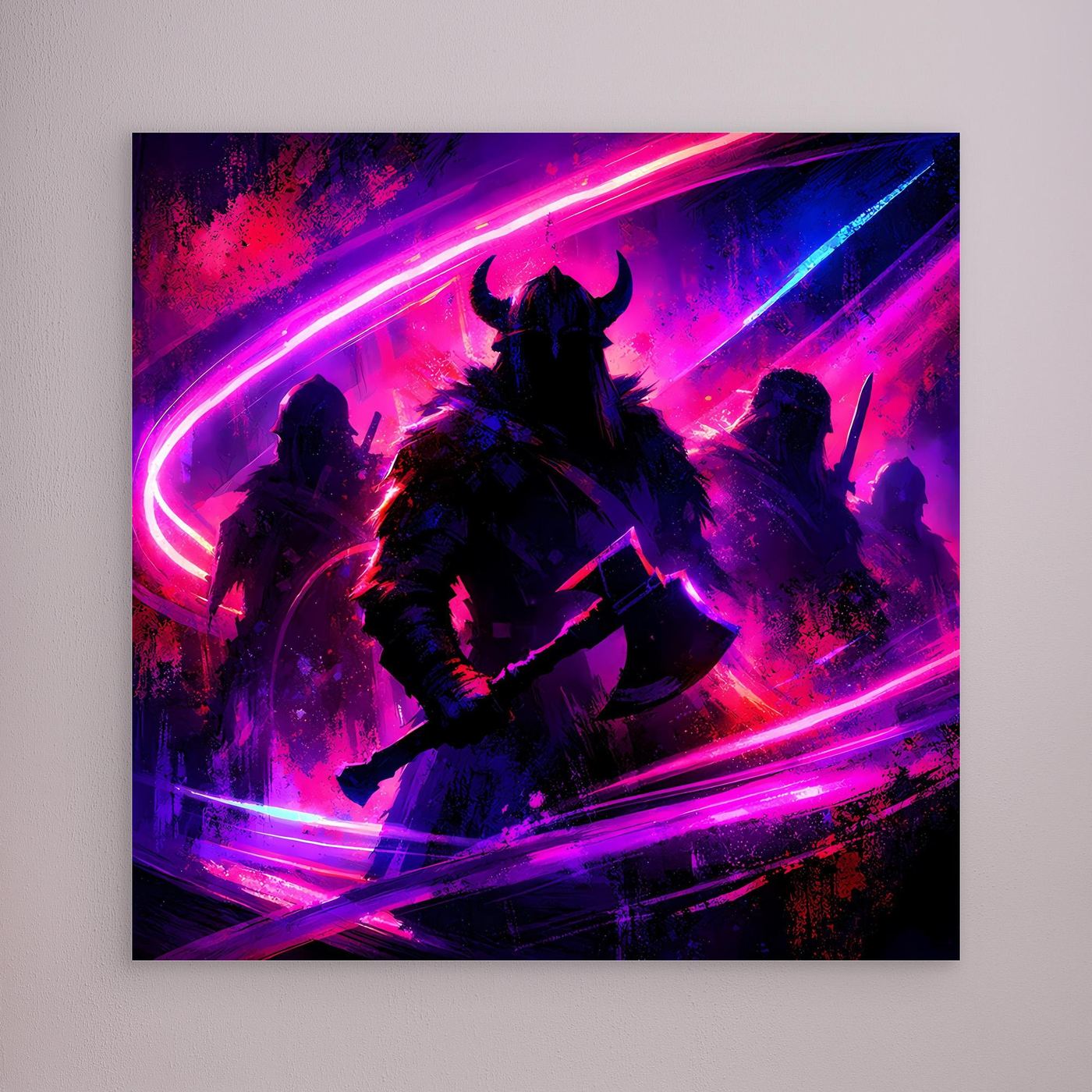 Wandbild mit Wikingersilhouette, Neon-Pink/Lila Lichtbögen auf dunklem Grund