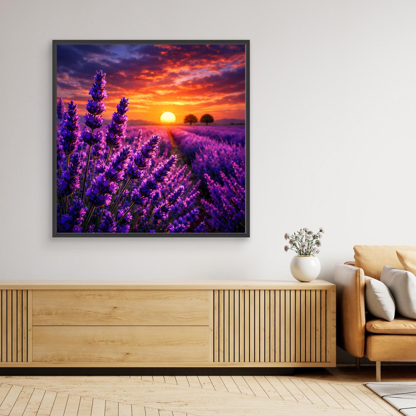 Wandbild mit Lavendelfeld und Sonnenuntergang, rechteckiger Rahmen in Dunkelgrau