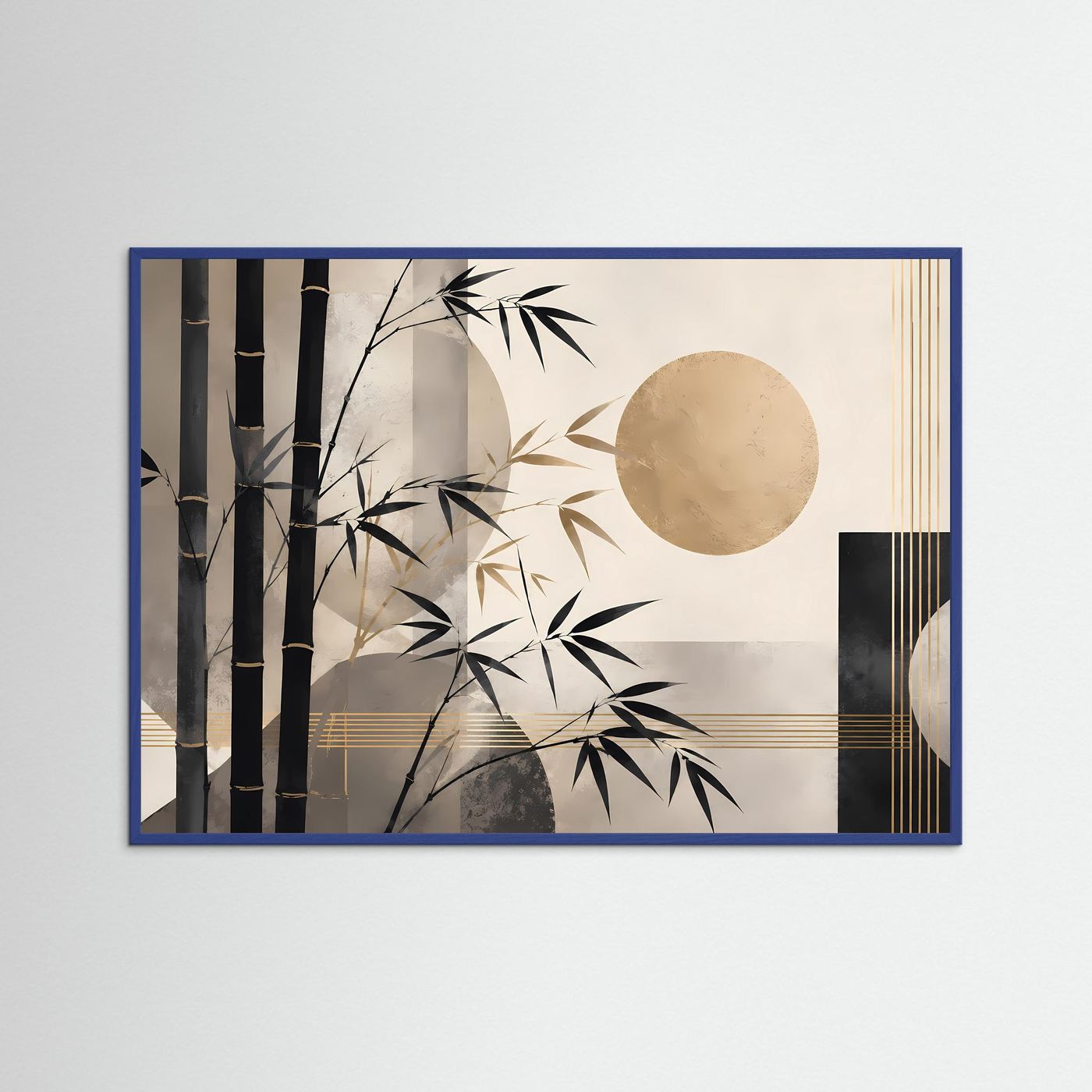 Querformat-Poster mit Bambus, goldenen Linien und Kreis in Schwarz-Gold-Geometrie im blauem Rahmen