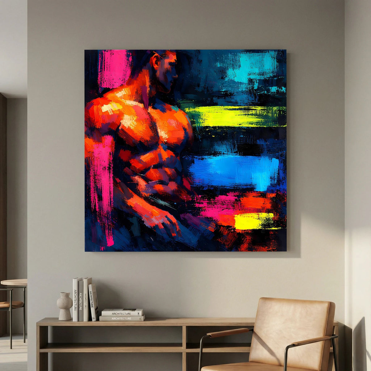 Leinwandbild mit abstraktem männlichem Torso in Neonfarben auf Holzkeilrahmen, groß