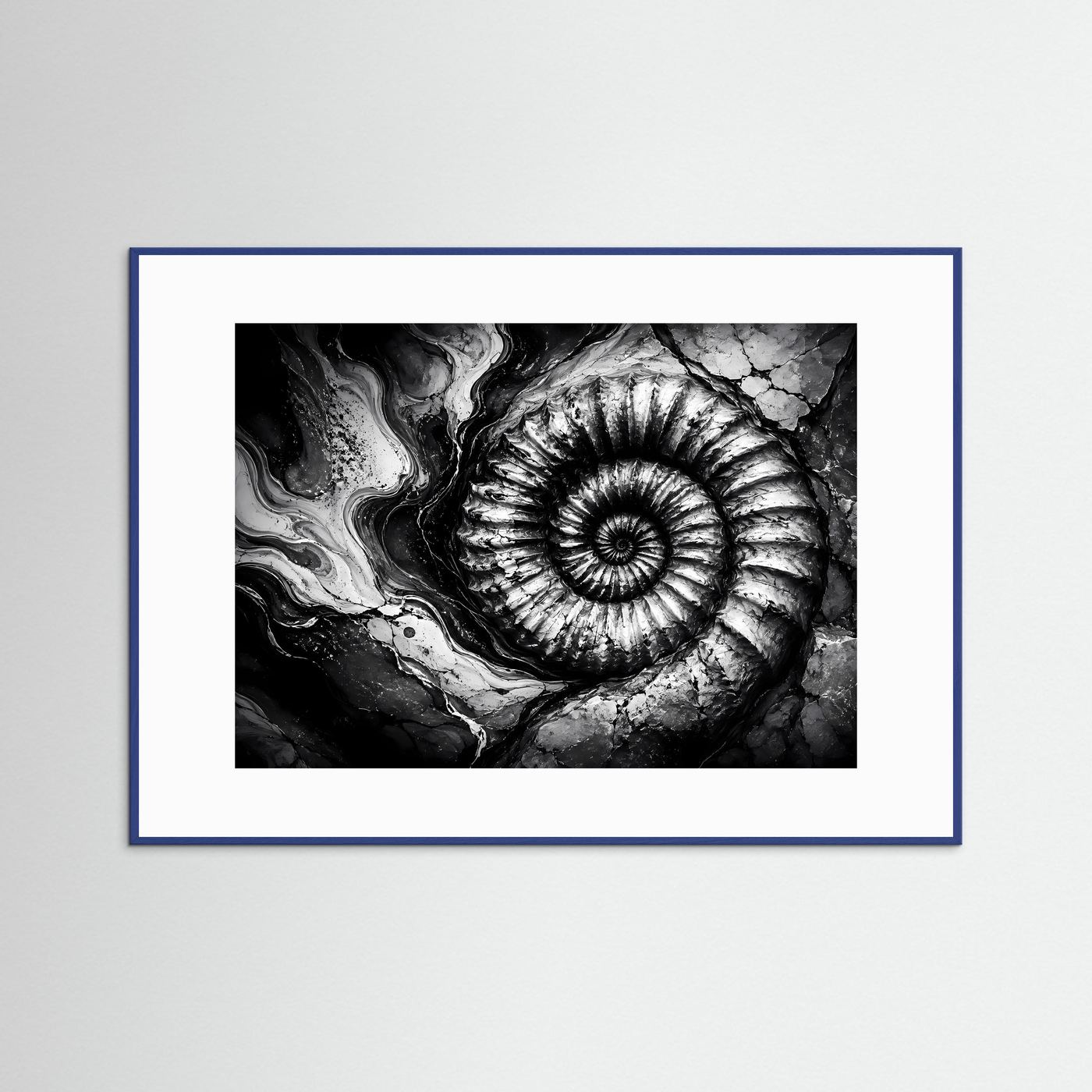 Ammonit Fossil Schwarz Weiß Poster | Geologische Wandkunst | Makro Fossilien Kunst | Monochrome Natur Fotokunst | Moderne Leinwand