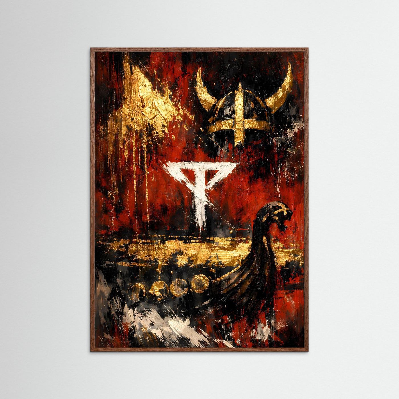 Hochformatiges Kunstposter mit Wikinger-Motiv, rot-schwarz-gold, hellbrauner Rahmen