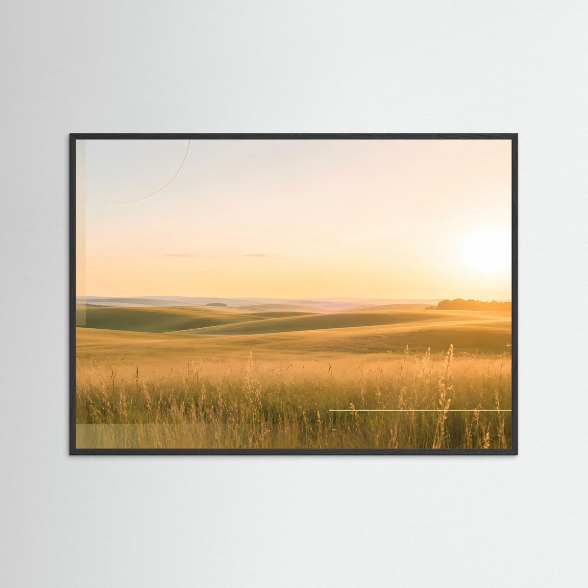 Querformat-Poster mit goldener Wiesenlandschaft, Sonnenuntergang, im schwarzen Rahmen