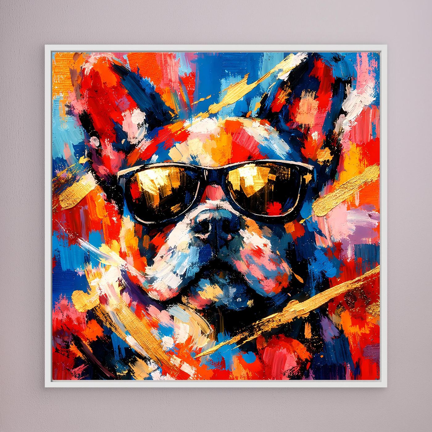 Leinwandbild mit abstrakter Französischer Bulldogge und Sonnenbrillen, bunt, weiß gerahmt