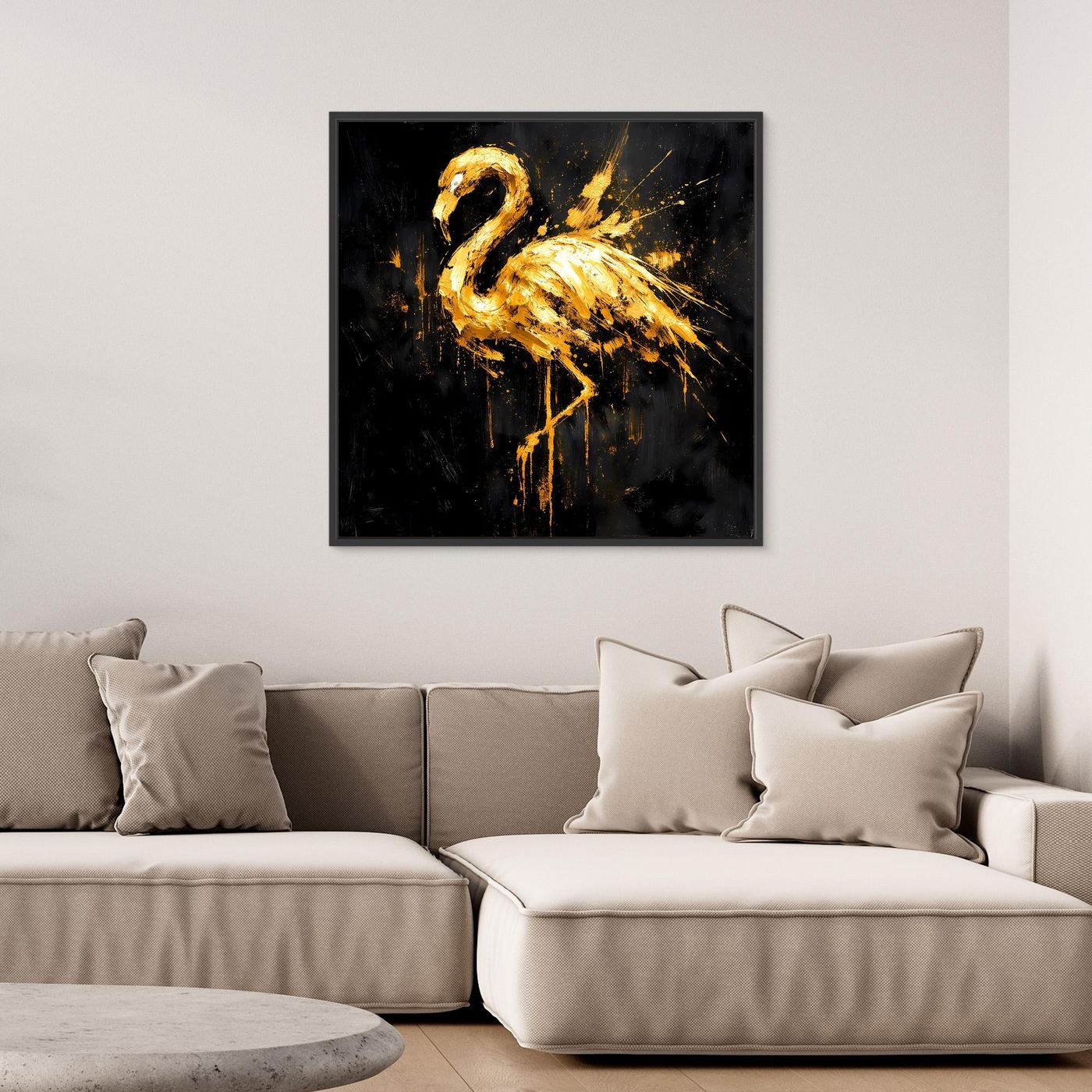 Leinwand Goldener Flamingo auf Schwarz | Abstraktes Modernes Tier Wandbild Kunst