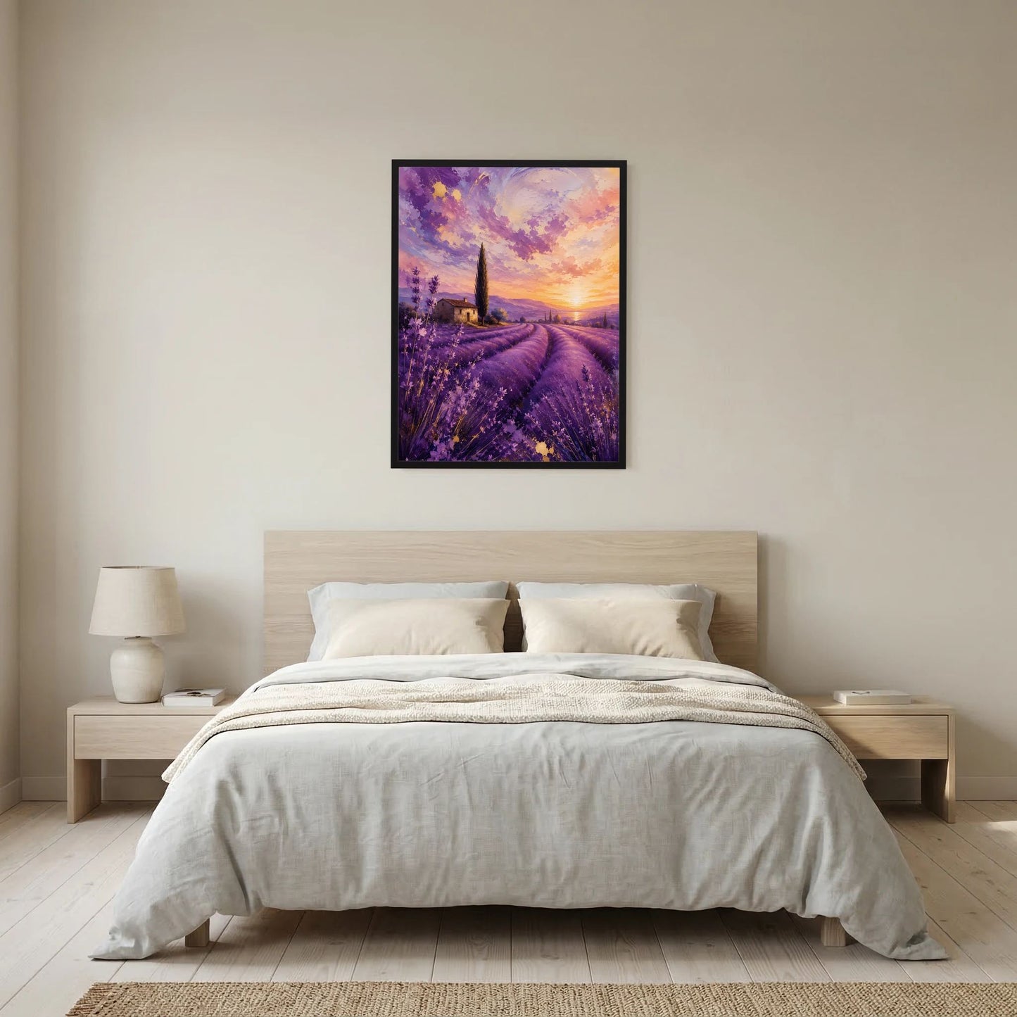 Hochformat-Poster mit Lavendelfeld bei Sonnenuntergang, violetter Himmel und dunkler Rahmen