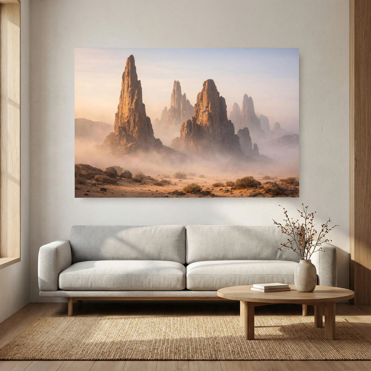 Wandposter im Querformat mit Felslandschaft im Wüstennebel, warmes Abendlicht