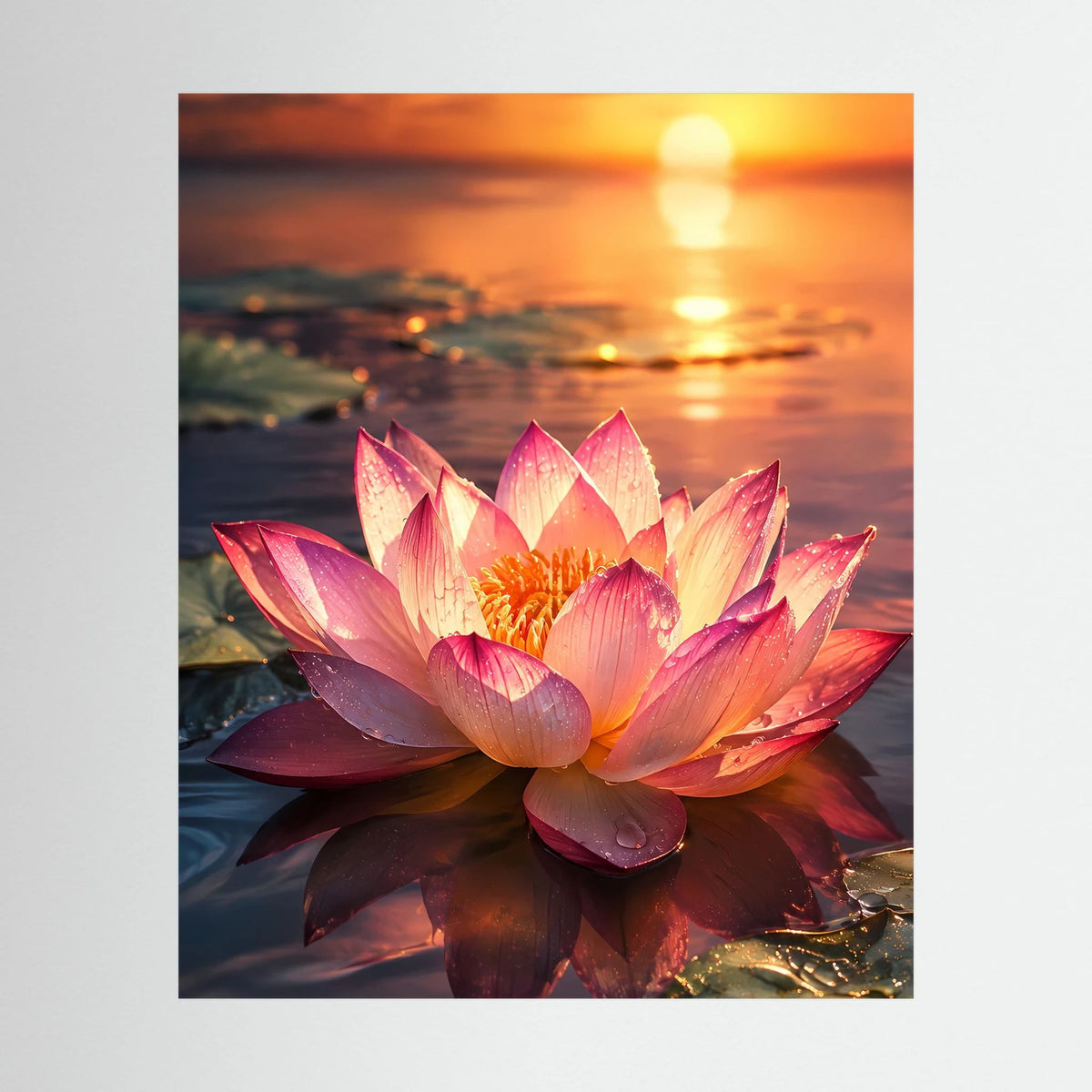 Hochformat-Poster: rosa Lotusblüte beim Sonnenuntergang