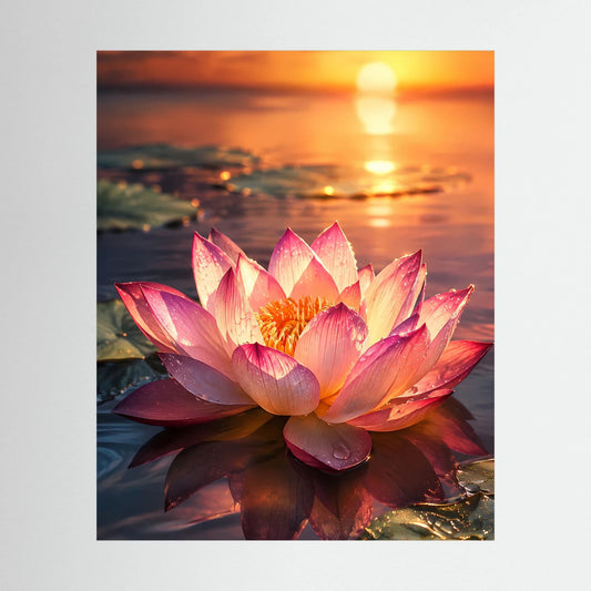 Hochformat-Poster: rosa Lotusblüte beim Sonnenuntergang