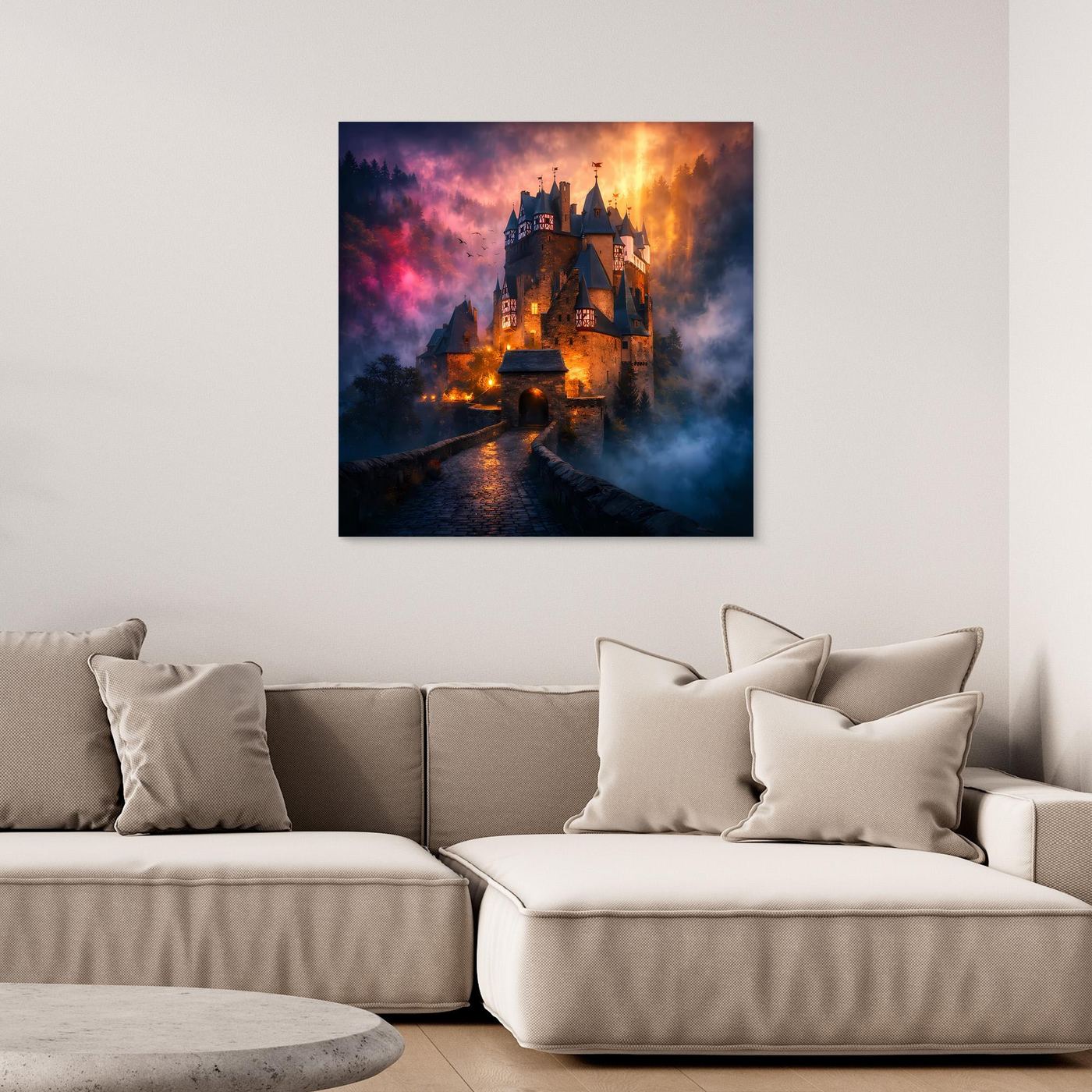Leinwand Mystische Ritterburg im Nebel | Abstraktes Märchenschloss Wandbild