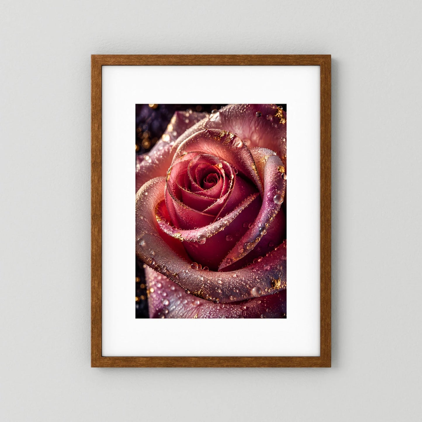 Hochformat-Poster mit roter Rose, Goldakzenten und Wassertropfen im braunen Holzrahmen
