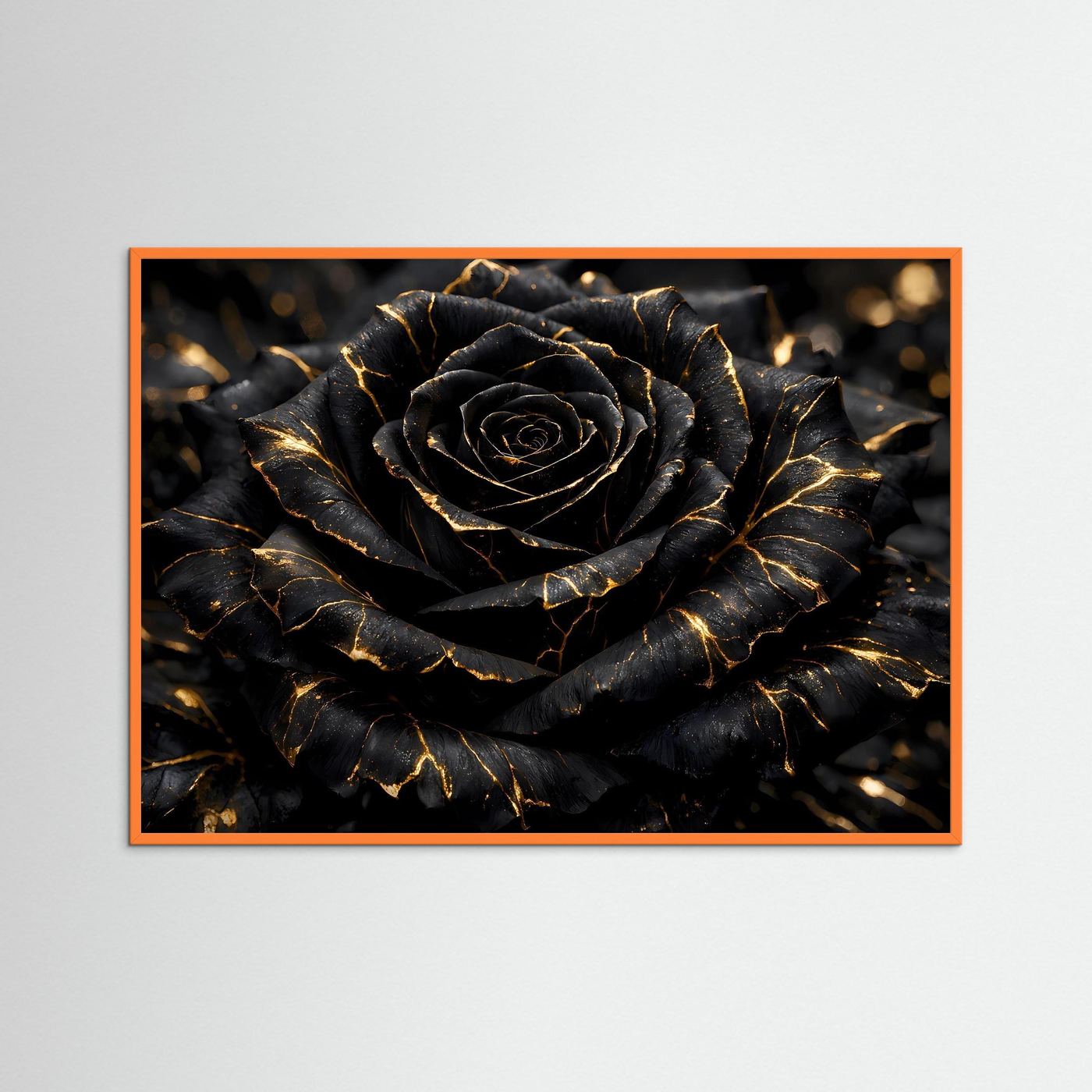 Wandbild mit schwarzer Rose und goldenen Adern im orangefarbenen Rahmen