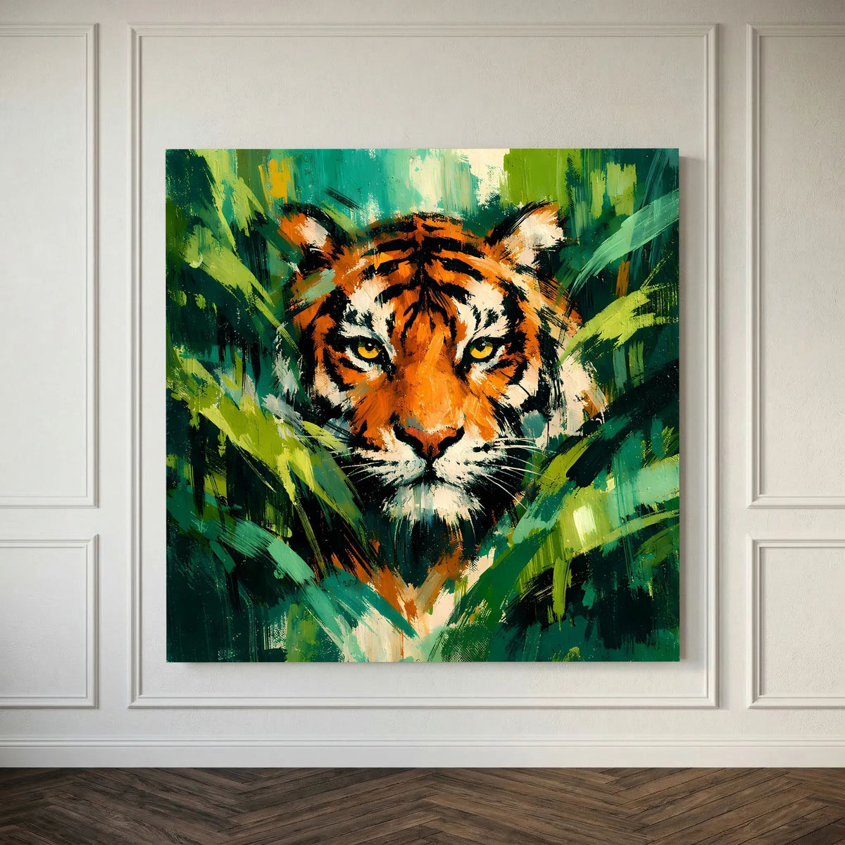 Leinwand Abstraktes Tiger Gemälde | Modernes Wandbild Raubkatze Dschungel Grün Orange