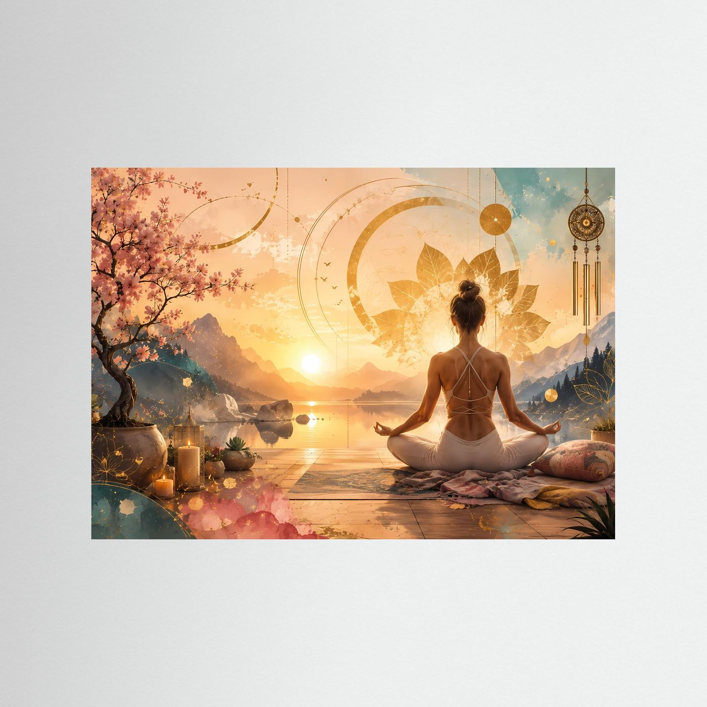 Meditierende Frau am Bergsee | Yoga, Lotus & Sonnenuntergang in Gold und Pastell