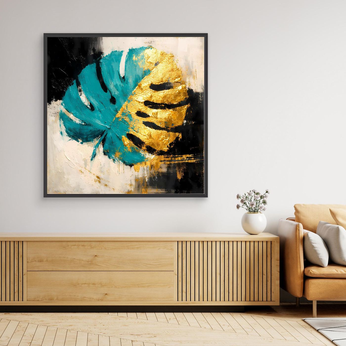Leinwand Abstraktes Monstera Gemälde in Türkis und Gold | Modernes Botanik Wandbild