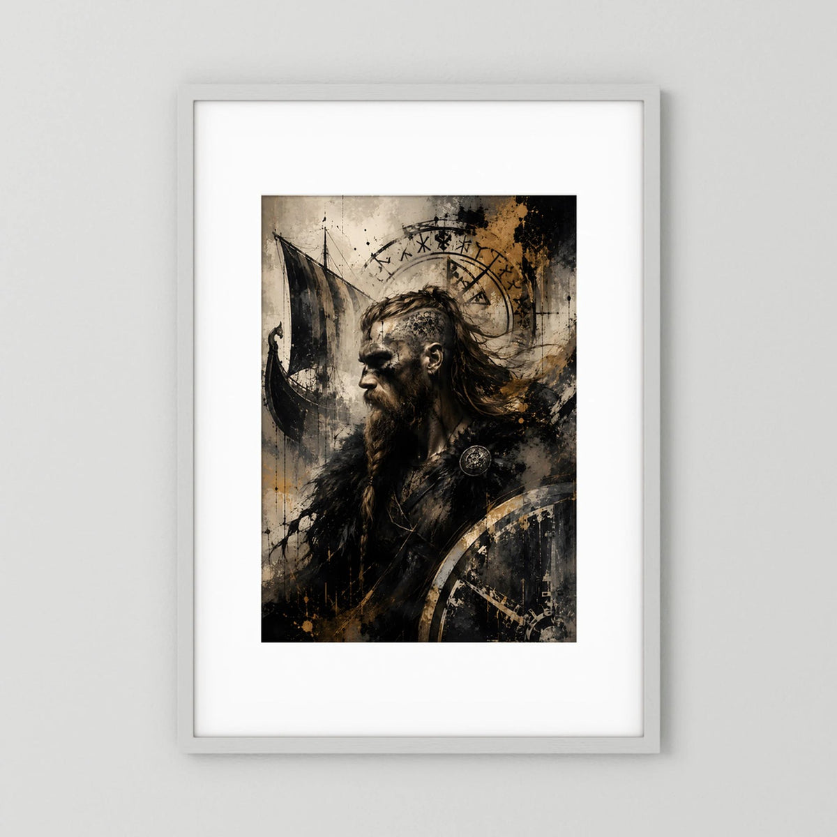 Kunstdruck-Poster im Hochformat mit Wikingerkrieger und Runen im weißen Rahmen.